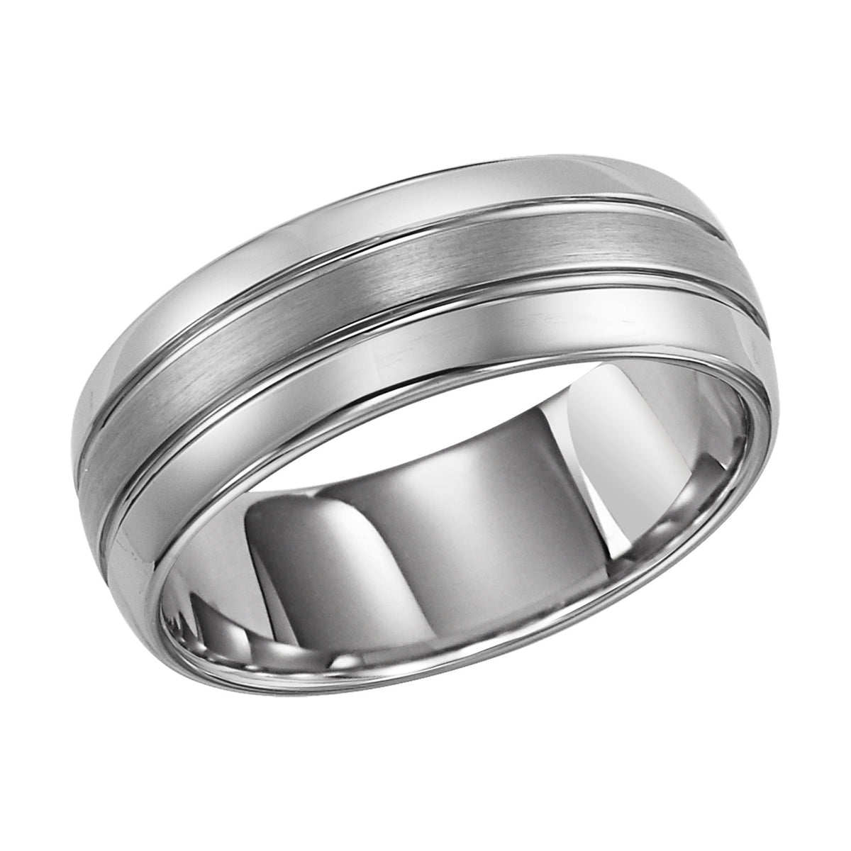 8mm White Tungsten Carbide Domed Comfort Fit Band with Brush Finish Center and Bright Polished Edges