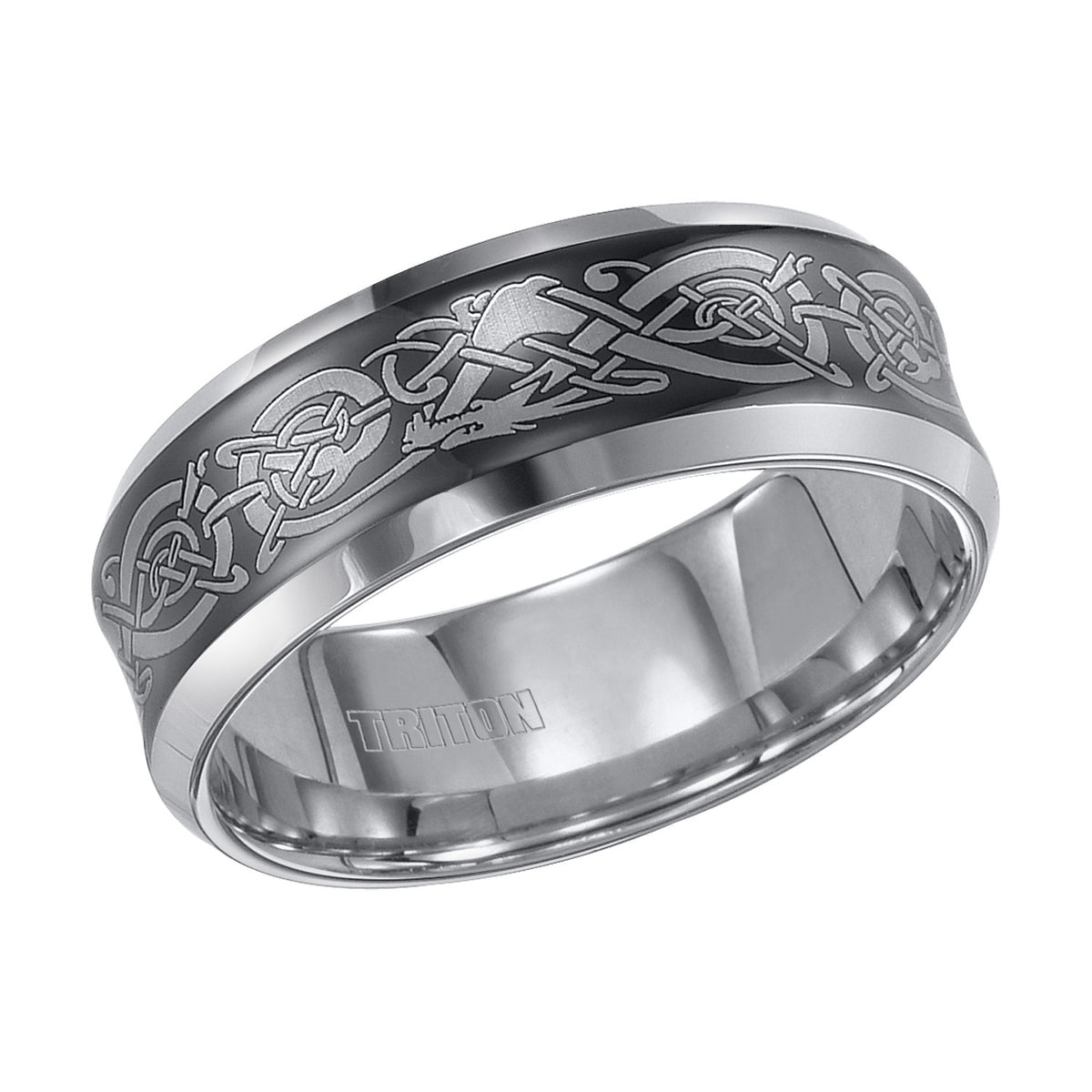 8mm White Tungsten Carbide Beveled Edge Concave Comfort Fit band w/ white laser pattern design