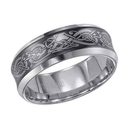 8mm White Tungsten Carbide Beveled Edge Concave Comfort Fit band w/ white laser pattern design