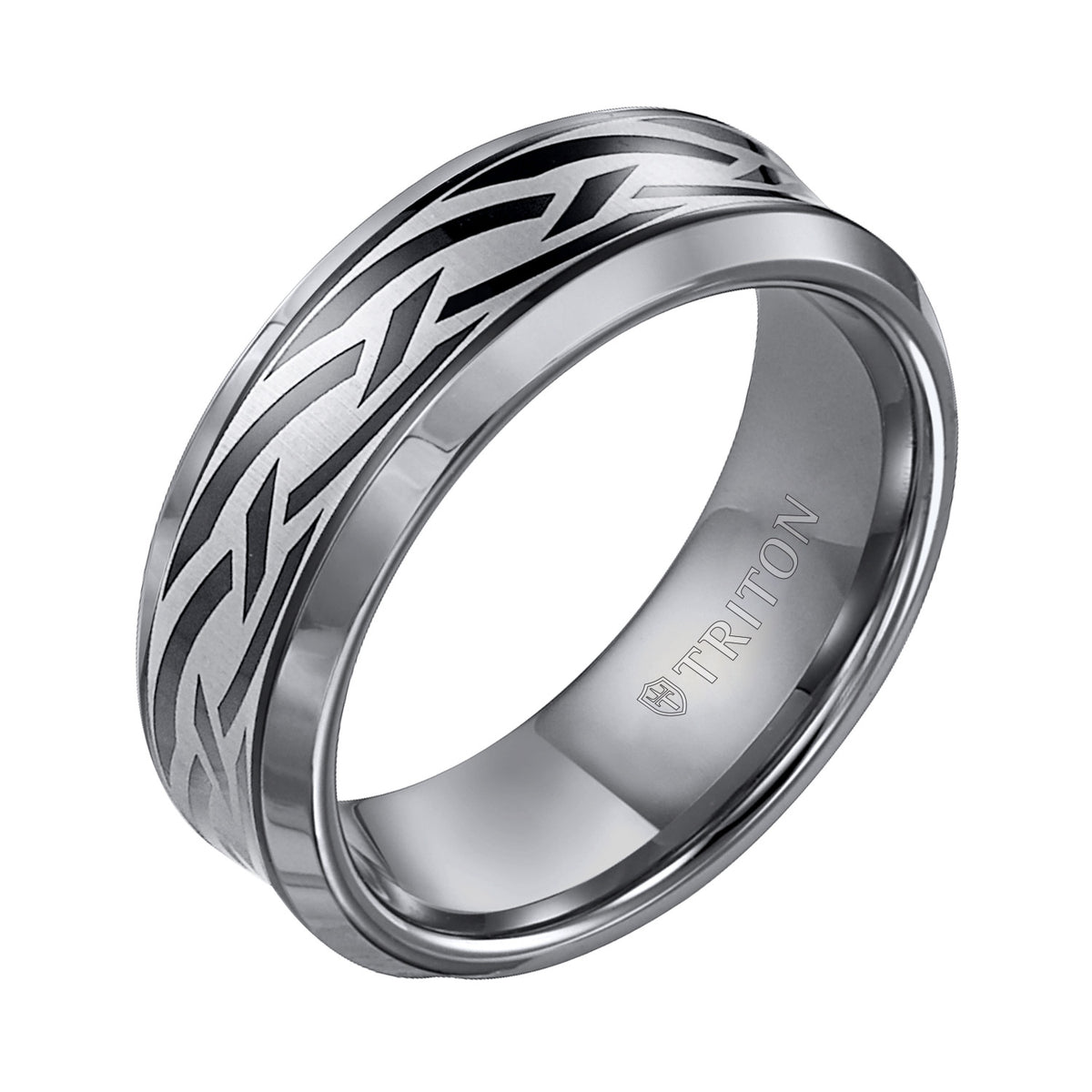 8mm Tungsten carbide Bevel Edge Comfort Fit band with Black PVD and Laser Pattern Design