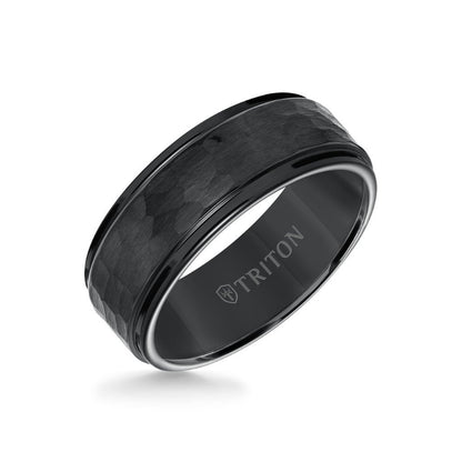 Triton 8MM Tungsten Carbide Ring - Hammered Center and Step Edge