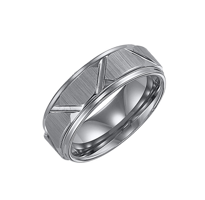 8MM Tungsten Carbide Ring - Wire Brush Center with Diagonal Cuts and Step Edge