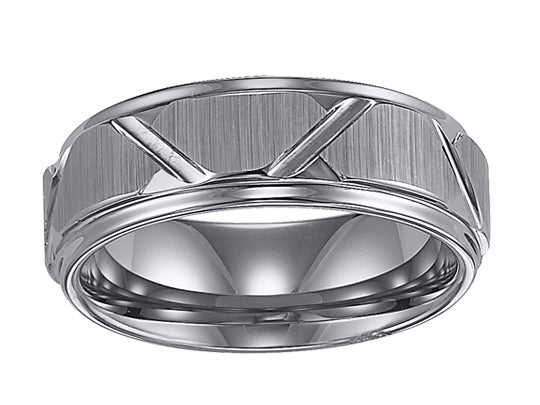 8MM Tungsten Carbide Ring - Wire Brush Center with Diagonal Cuts and Step Edge
