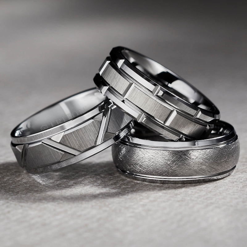 Triton 8MM Tungsten Carbide Ring - Brick Pattern Center and Flat Edge