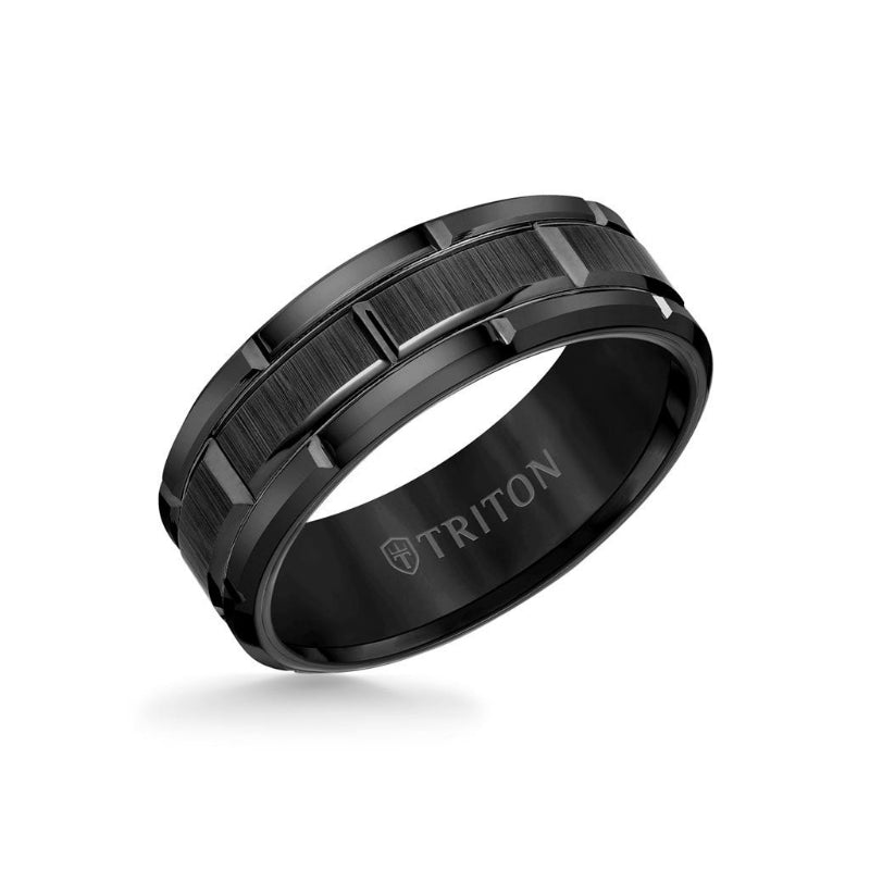 Triton 8MM Tungsten Carbide Ring - Brick Pattern Center and Flat Edge