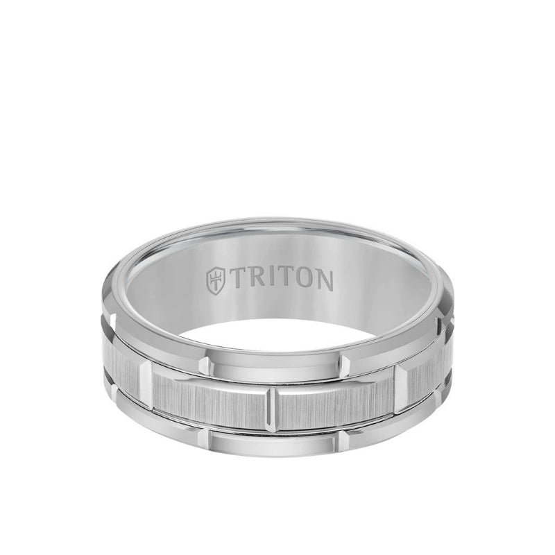 Triton 8MM Tungsten Carbide Ring - Brick Pattern Center and Flat Edge