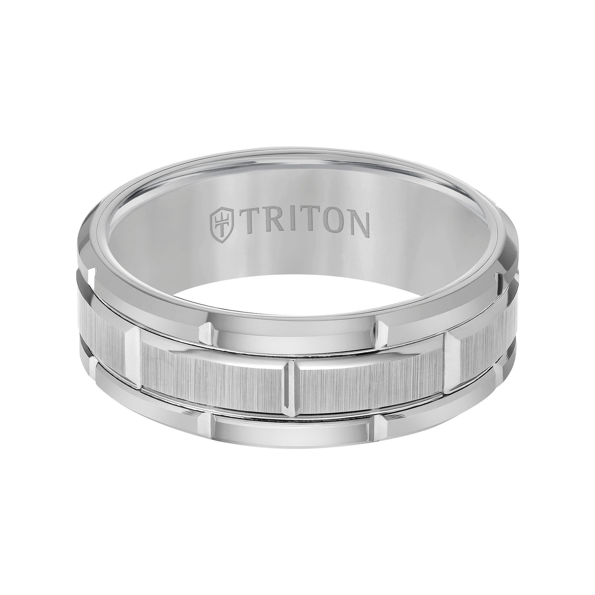 8mm Black Tungsten Carbide Bevel Edge Comfort Fit Band with Vertical Satin Finish Center and Bright Edges and Cuts