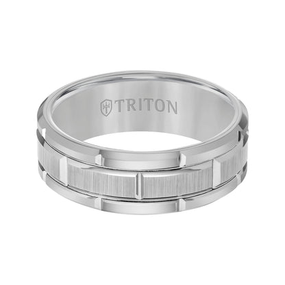 8mm Gray Tungsten Carbide Bevel Edge Comfort Fit Band with Vertical Satin Finish Center and Bright Edges and Cuts