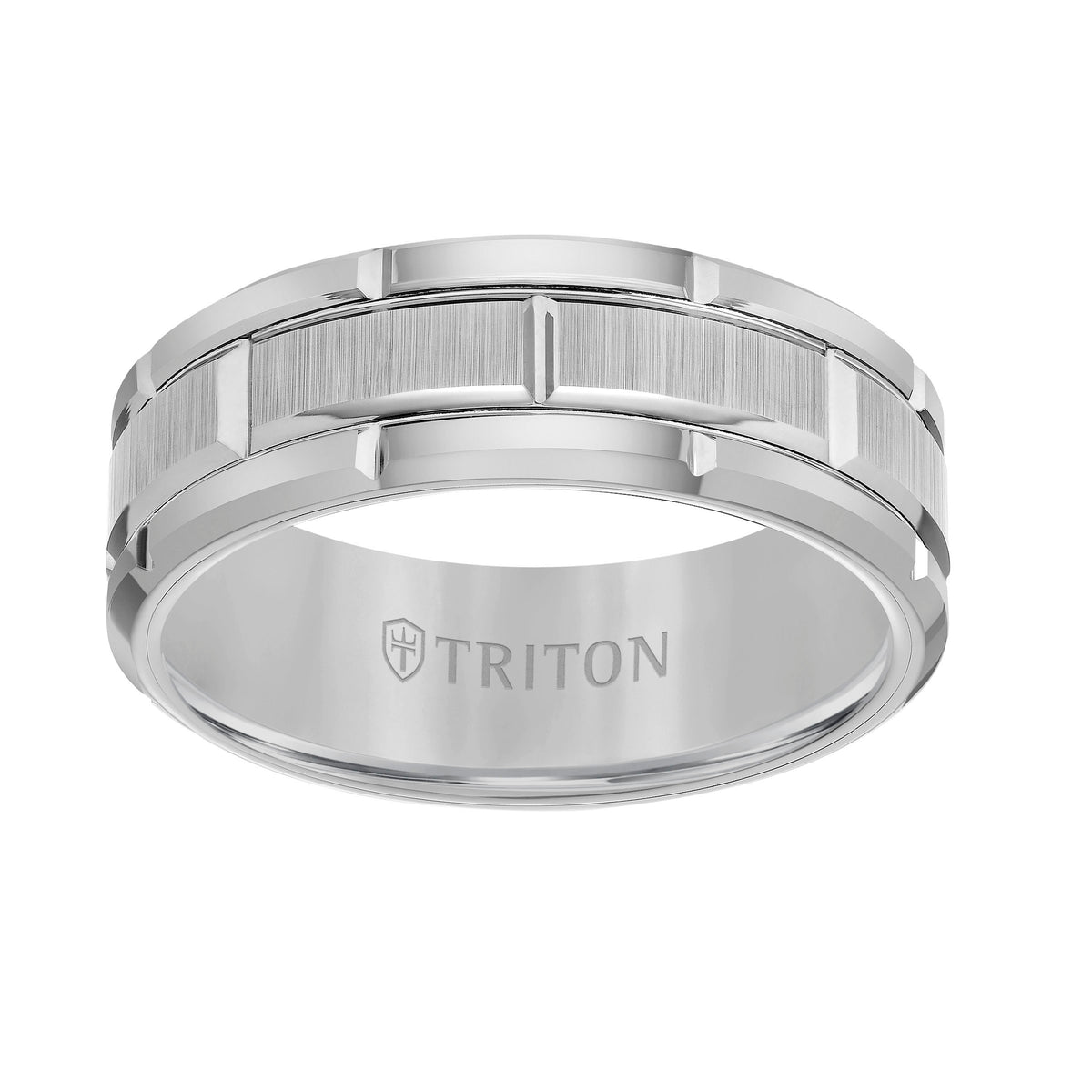 8mm Gray Tungsten Carbide Bevel Edge Comfort Fit Band with Vertical Satin Finish Center and Bright Edges and Cuts
