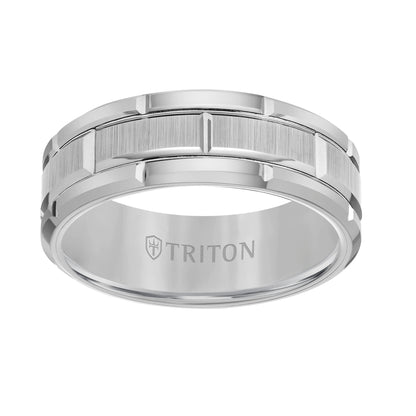 8mm Gray Tungsten Carbide Bevel Edge Comfort Fit Band with Vertical Satin Finish Center and Bright Edges and Cuts