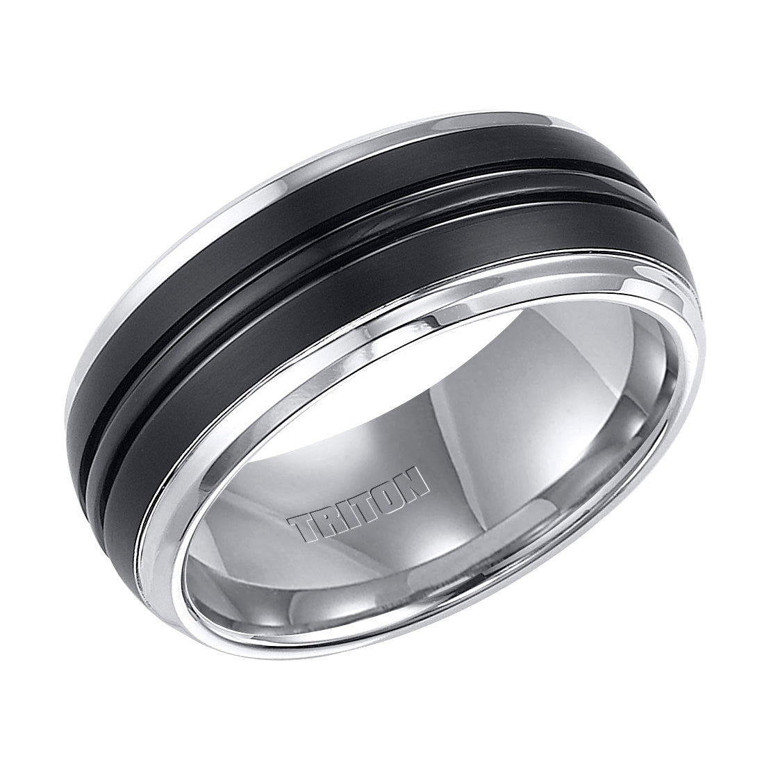 Black and White Tungsten Carbide Comfort Fit Band with horizontal center cuts