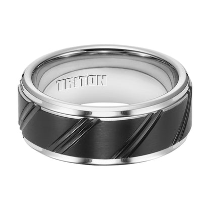 9MM Black and White Tungsten Carbide Beveled Step Edge Comfort Fit Band with Diagonal Cuts