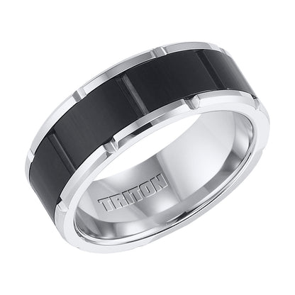 Black and White Tungsten Carbide Comfort Fit Band with Brick Engraving