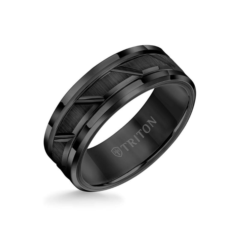 Triton 8MM Tungsten Carbide Ring - Diagonal Cut Center and Step Edge