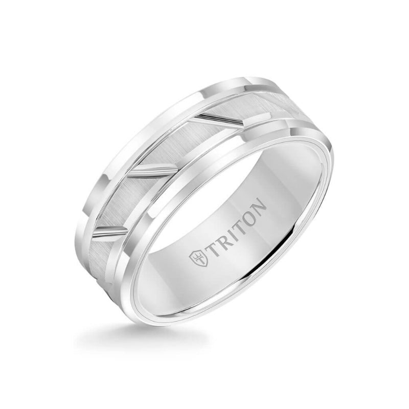Triton 8MM Tungsten Carbide Ring - Diagonal Cut Center and Step Edge