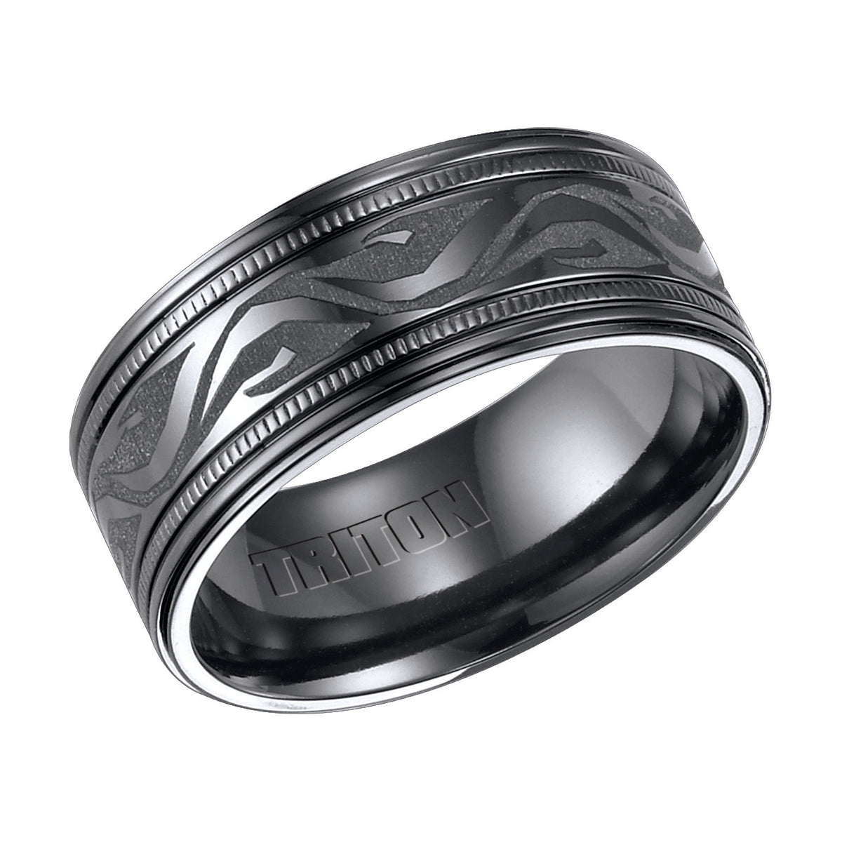 Black Titanium Comfort Fit  Domed Band with laser pattern details