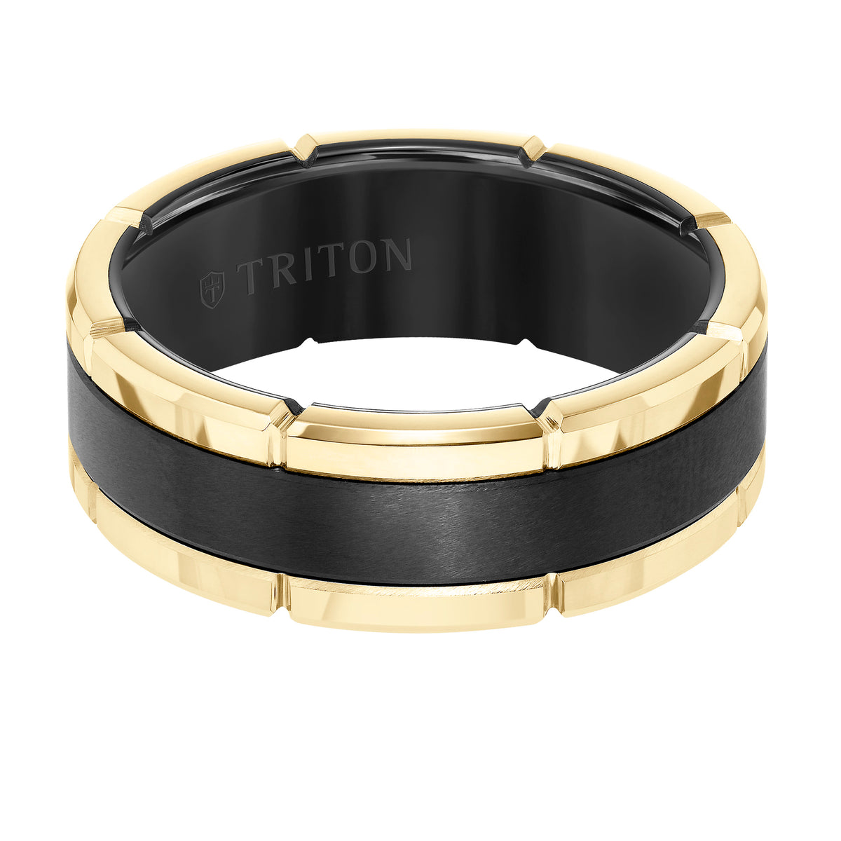 8MM White Tungsten Carbide Flat Comfort Fit Band W/Brush Center and Yellow Rims