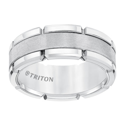 8MM White Tungsten Carbide Flat Comfort Fit Band W/Brush Center and Yellow Rims