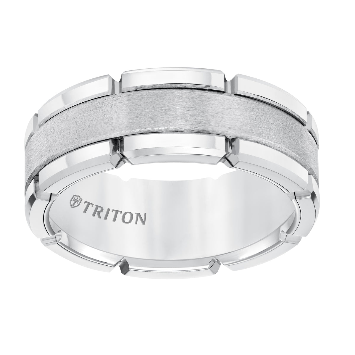 8MM White Tungsten Carbide Flat Comfort Fit Band W/Brush Center & Bright Rims