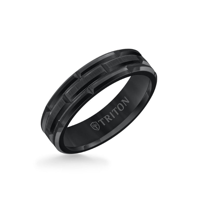 Triton 6MM Tungsten Carbide Ring - Brick Pattern Center and Bevel Edge