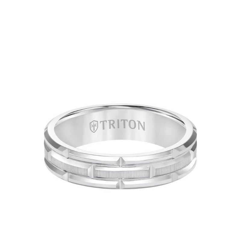 Triton 6MM Tungsten Carbide Ring - Brick Pattern Center and Bevel Edge