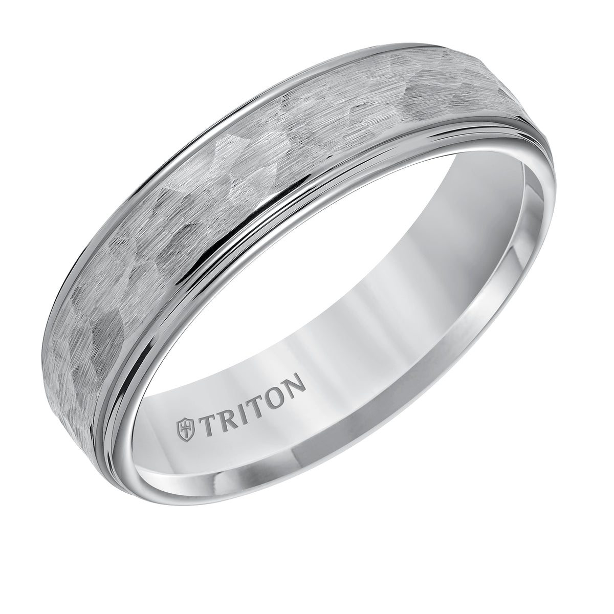 Black Tungsten Carbide Step Edge Comfort Fit Band with Satin Hammer Texture
