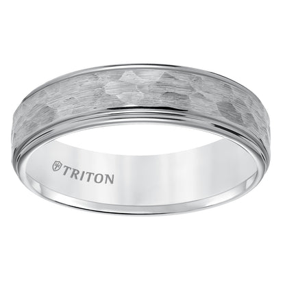 Black Tungsten Carbide Step Edge Comfort Fit Band with Satin Hammer Texture