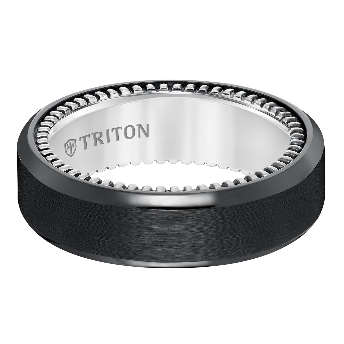 Bevel Edge Black Titanium and Sterling Silver Comfort Fit Band with Coin Edge Texture Side Treatment and Satin Finish