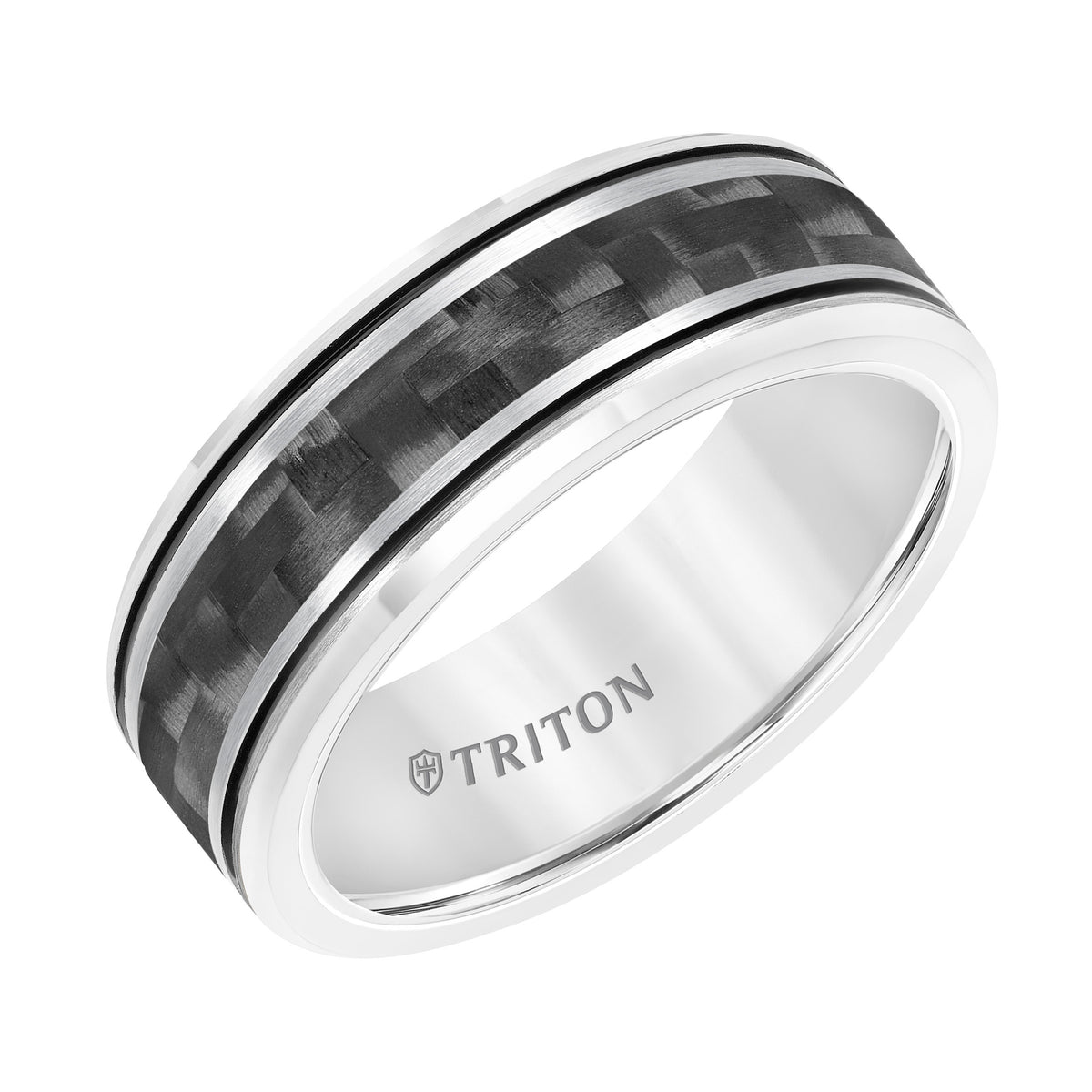8MM Tungsten Carbide Band with Carbon Fiber Insert, Midnight Black Stripes and Beveled Edge
