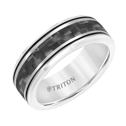 8MM Tungsten Carbide Band with Carbon Fiber Insert, Midnight Black Stripes and Beveled Edge