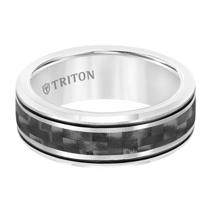 8MM Tungsten Carbide Band with Carbon Fiber Insert, Electric Blue Stripes and Beveled Edge