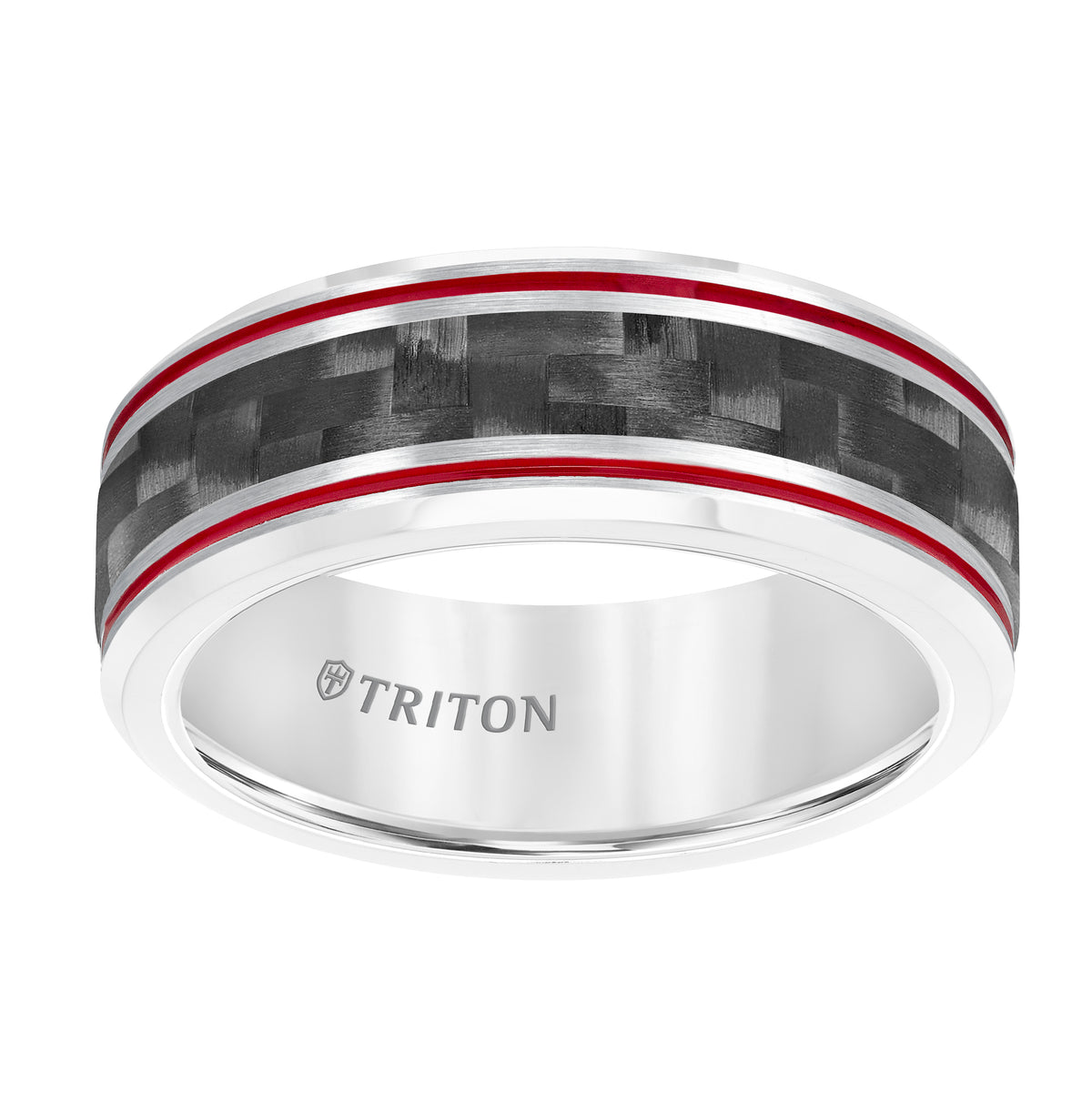 8MM Tungsten Carbide Band with Carbon Fiber Insert, Fire Red Stripes and Beveled Edge