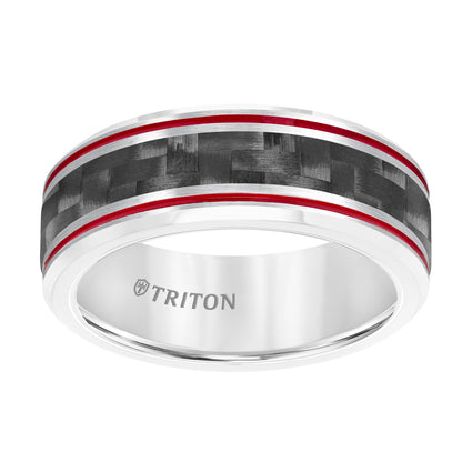 8MM Tungsten Carbide Band with Carbon Fiber Insert, Fire Red Stripes and Beveled Edge