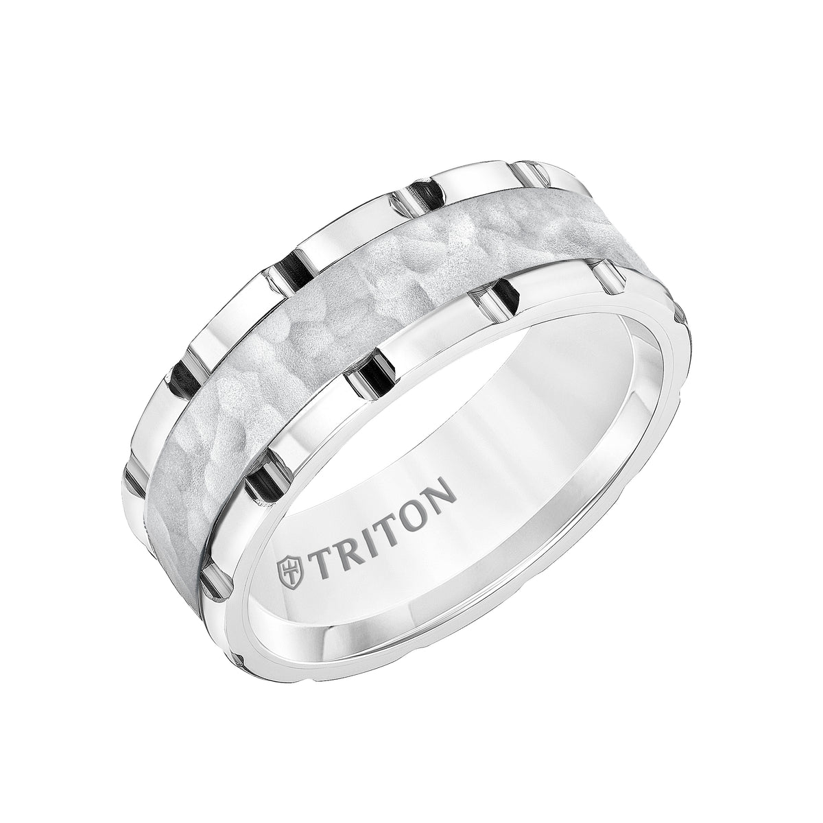 8MM White Tungsten Carbide Band with Link Edge, Sand Finish Hammered Center and Polished Rims