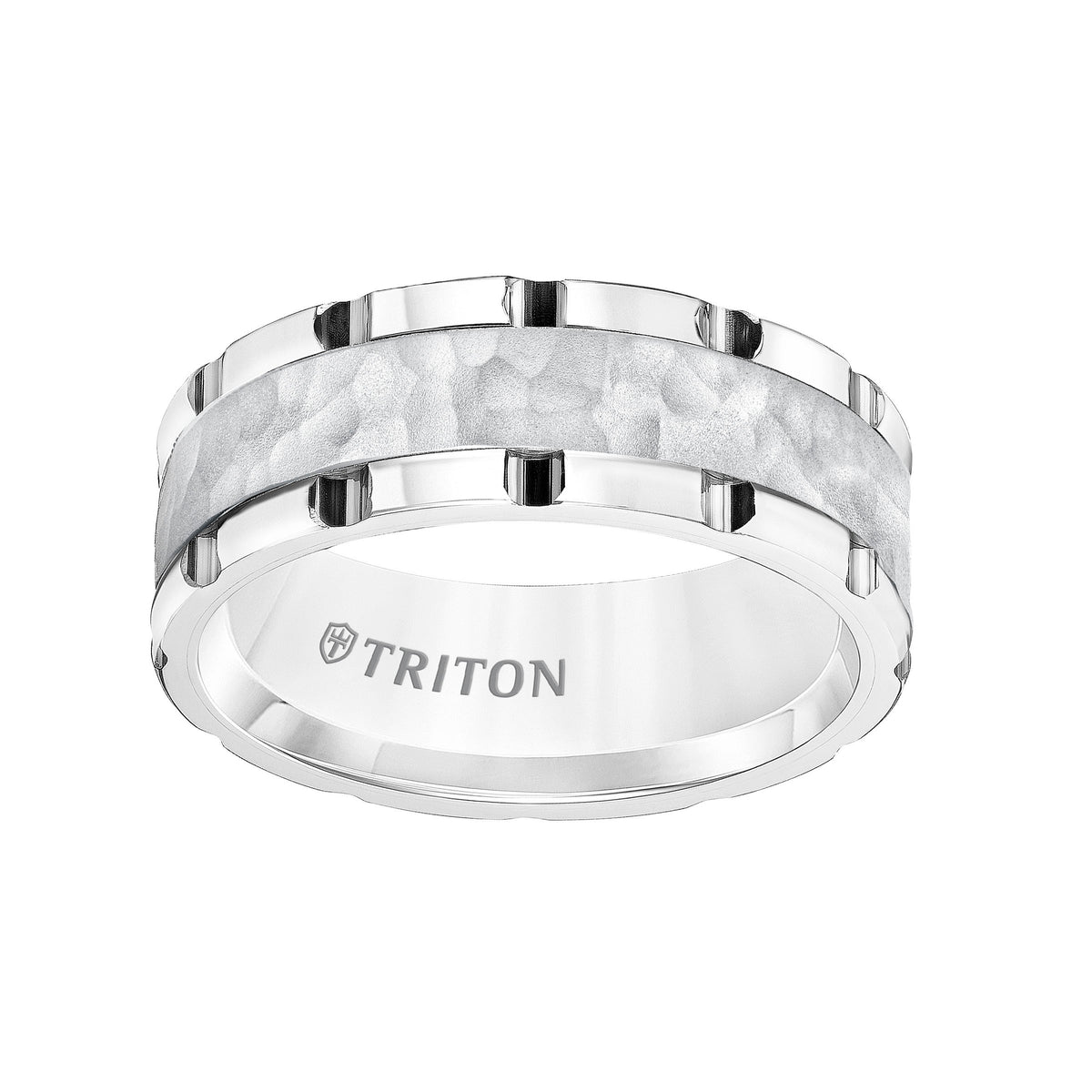 8MM White Tungsten Carbide Band with Link Edge, Sand Finish Hammered Center and Polished Rims