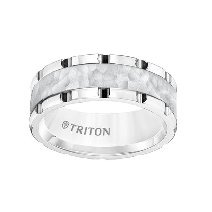 8MM White Tungsten Carbide Band with Link Edge, Sand Finish Hammered Center and Polished Rims