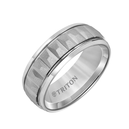8MM White Tungsten Band w/Faceted Cuts and w/Sand Finish