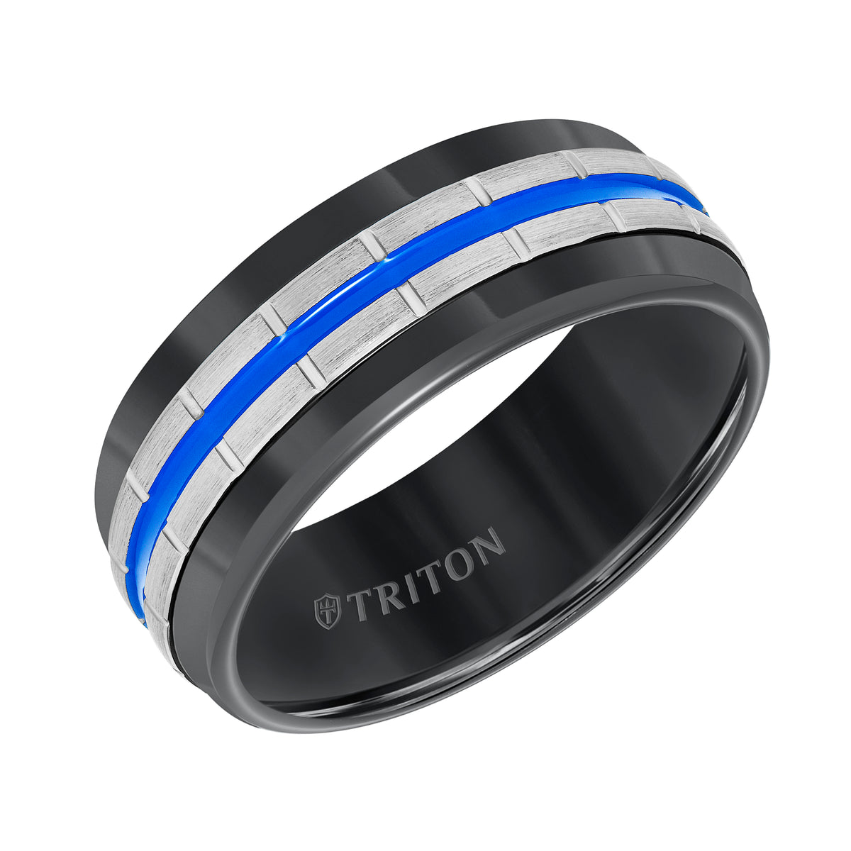 8MM Gunmetal Grey Tungsten Carbide Band with Vertical Grooves, Fire Red Center Stripe & Satin Finish