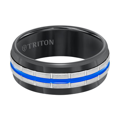 8.5MM Gunmetal Grey Tungsten Carbide Band with Vertical Grooves, Fire Red Center Stripe & Satin Finish