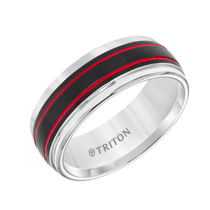 Tungsten Carbide Comfort Fit Men's White Band with Black Matte Center with Fire Red Stripes and Bright Round Rims