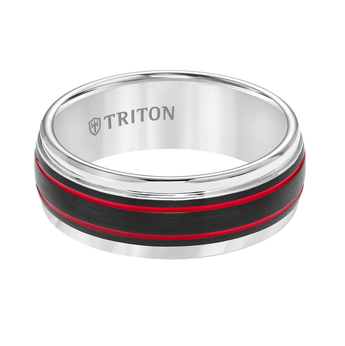 Tungsten Carbide Comfort Fit Men's White Band with Black Matte Center with Fire Red Stripes and Bright Round Rims