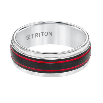 Tungsten Carbide Comfort Fit Men's White Band with Black Matte Center with Fire Red Stripes and Bright Round Rims