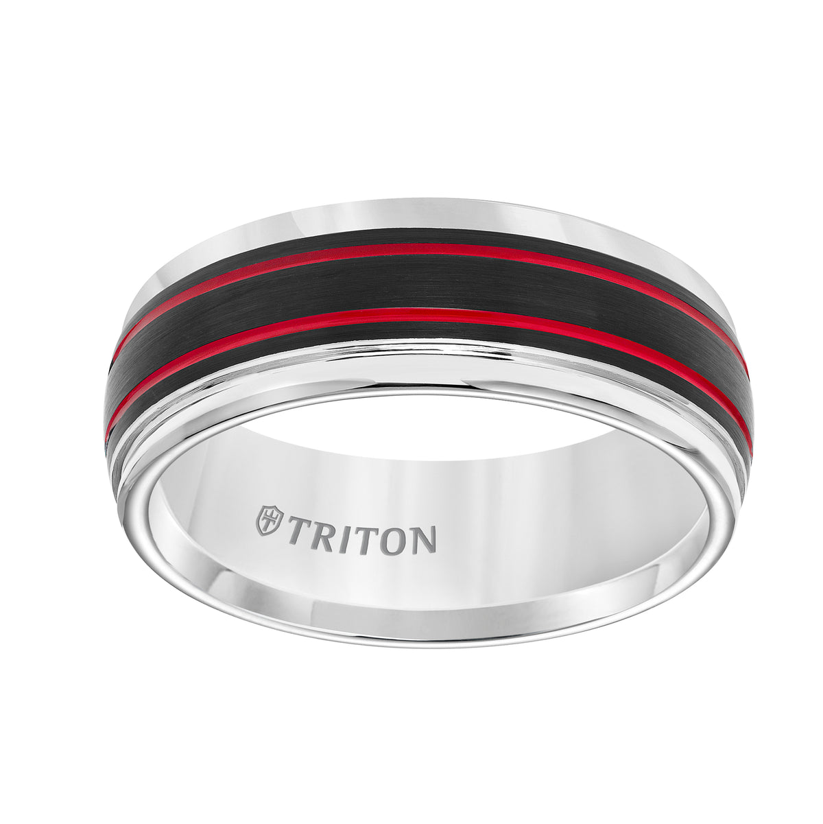 Tungsten Carbide Comfort Fit Men's White Band with Black Matte Center with Fire Red Stripes and Bright Round Rims