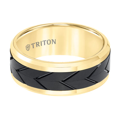 Tungsten Carbide Comfort Fit Two Tone Men's Band with Black Flat Matte Tread Design Center and Yellow Beveled Rims