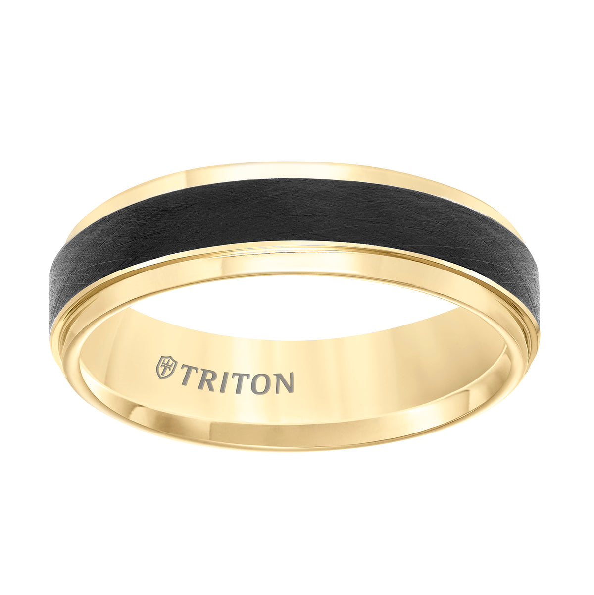 Tungsten Carbide Comfort Fit Two Tone Men's Band with Black Crystalline Finish Center and Yellow Step Edge
