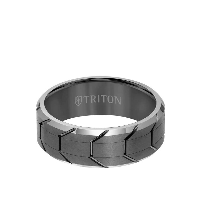 Triton 8MM Tungsten Carbide Ring - Gunmetal Tire Tread Center and Bevel Edge