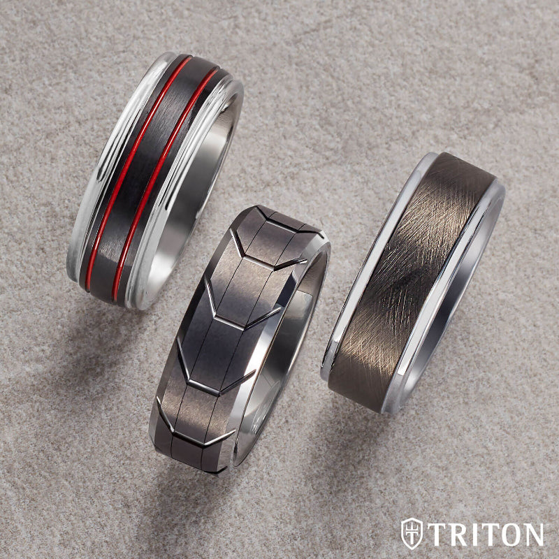 Triton 8MM Tungsten Carbide Ring - Gunmetal Tire Tread Center and Bevel Edge