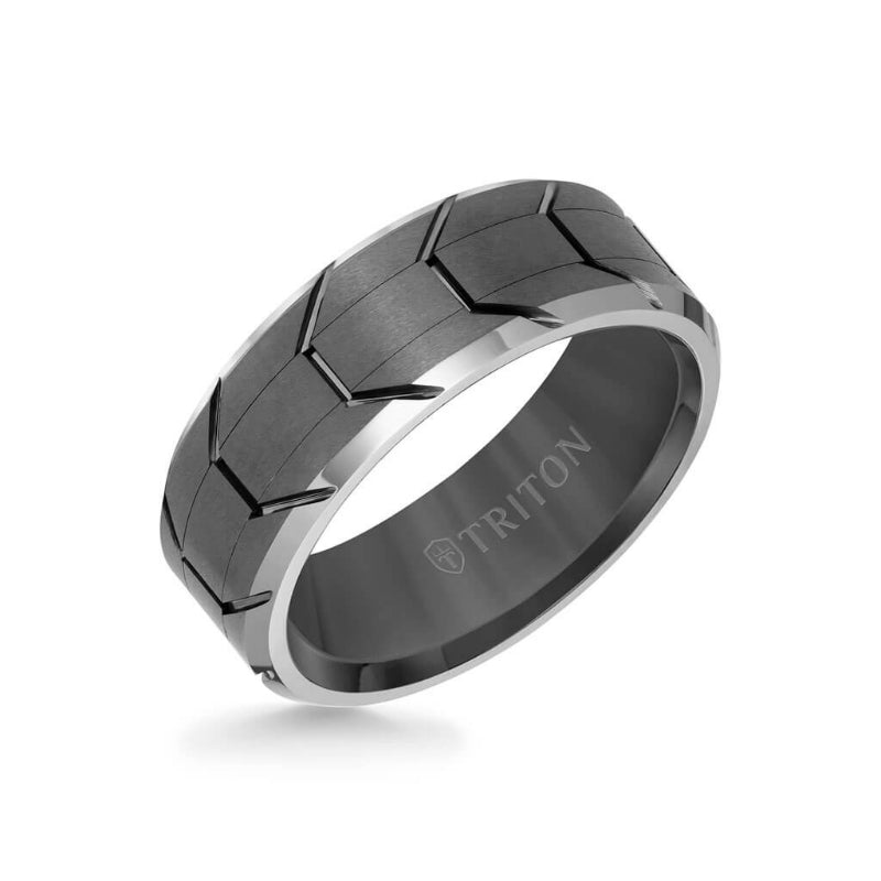 Triton 8MM Tungsten Carbide Ring - Gunmetal Tire Tread Center and Bevel Edge