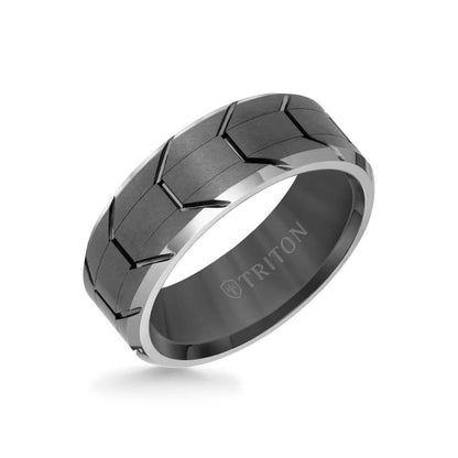 Triton 8MM Tungsten Carbide Ring - Gunmetal Tire Tread Center and Bevel Edge
