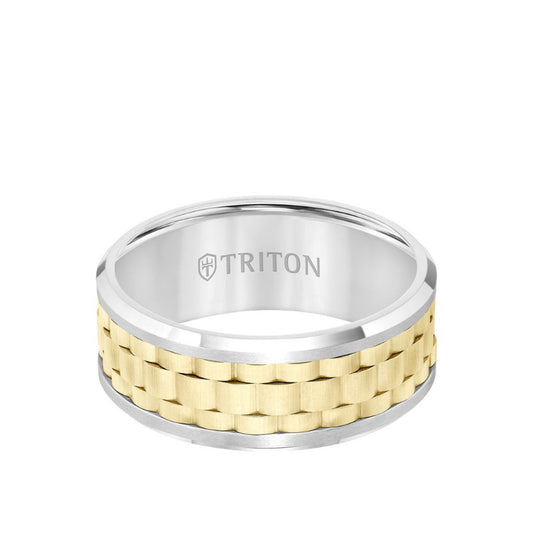 Triton 9MM Tungsten Carbide Ring - Basketweave Center and Bevel Edge
